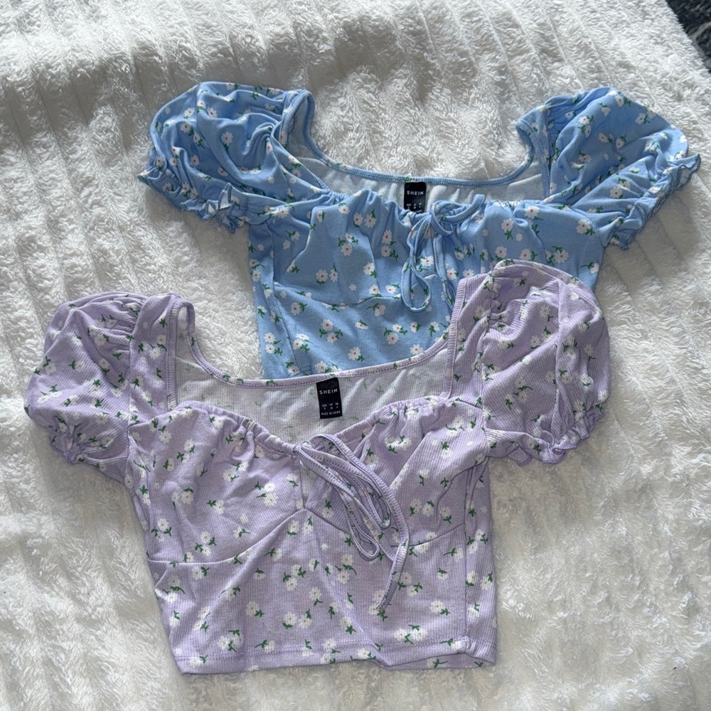 Floral Puff Sleeve Blouses - Blue and Lavender